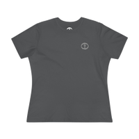 Front view of the asphalt Women's Rock and Salvation Tee with a small gray rock-textured circular cross logo on the left chest, ghost-mannequin on white.