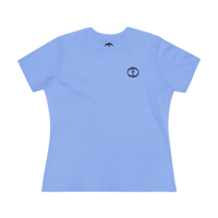 Front view of the Carolina blue Women's Rock and Salvation Tee with a small dark-gray rock-textured circular cross logo on the left chest, ghost-mannequin on white.