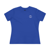 Front view of the true royal Women's Rock and Salvation Tee with a small light-gray rock-textured circular cross logo on the left chest, ghost-mannequin on white.