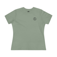 Front view of the sage Women's Rock and Salvation Tee with a small gray rock-textured circular cross logo on the left chest, ghost-mannequin on white.