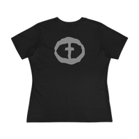 Front view of the black Women's Rock and Salvation Tee with a large gray rock-textured circular cross logo on the chest, ghost-mannequin on white.