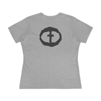 Front view of the athletic heather Women's Rock and Salvation Tee with a large dark-gray rock-textured circular cross logo on the chest, ghost-mannequin on white.