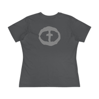 Front view of the asphalt Women's Rock and Salvation Tee with a large gray rock-textured circular cross logo on the chest, ghost-mannequin on white.