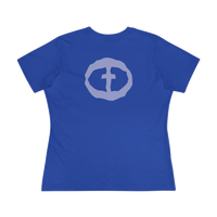 Front view of the true royal Women's Rock and Salvation Tee with a large light-gray rock-textured circular cross logo on the chest, ghost-mannequin on white.