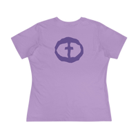 Front view of the light purple Women's Purple Rock and Salvation Tee with a large dark-purple circular cross logo on the chest, ghost-mannequin on white.