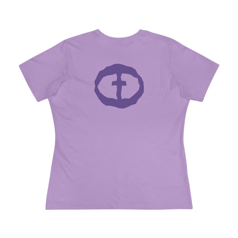 Front view of the light purple Women's Purple Rock and Salvation Tee with a large dark-purple circular cross logo on the chest, ghost-mannequin on white.