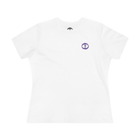 Front view of the white Women's Purple Rock and Salvation Tee with a small dark-purple circular cross logo on the left chest, ghost-mannequin on white.