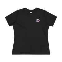 Front view of the black Women's Purple Rock and Salvation Tee with a small light-pink circular cross logo on the left chest, ghost-mannequin on white.