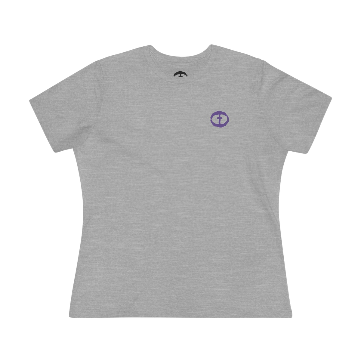 Front view of the athletic heather Women's Purple Rock and Salvation Tee with a small dark-purple circular cross logo on the left chest, ghost-mannequin on white.