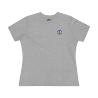 Front view of the athletic heather Women's Purple Rock and Salvation Tee with a small dark-purple circular cross logo on the left chest, ghost-mannequin on white.