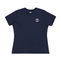 Front view of the navy Women's Purple Rock and Salvation Tee with a small light-pink circular cross logo on the left chest, ghost-mannequin on white.