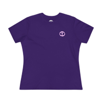 Front view of the team purple Women's Purple Rock and Salvation Tee with a small light-pink circular cross logo on the left chest, ghost-mannequin on white.