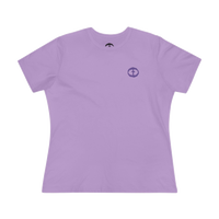 Front view of the light purple Women's Purple Rock and Salvation Tee with a small dark-purple circular cross logo on the left chest, ghost-mannequin on white.