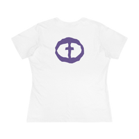 Front view of the white Women's Purple Rock and Salvation Tee with a large dark-purple circular cross logo on the chest, ghost-mannequin on white.