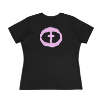 Front view of the black Women's Purple Rock and Salvation Tee with a large light-pink circular cross logo on the chest, ghost-mannequin on white.