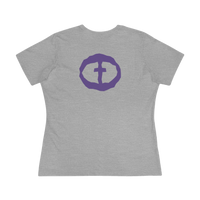 Front view of the athletic heather Women's Purple Rock and Salvation Tee with a large dark-purple circular cross logo on the chest, ghost-mannequin on white.