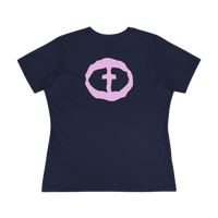 Front view of the navy Women's Purple Rock and Salvation Tee with a large light-pink circular cross logo on the chest, ghost-mannequin on white.