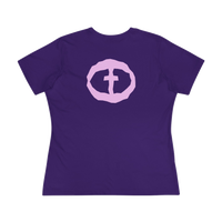 Front view of the team purple Women's Purple Rock and Salvation Tee with a large light-pink circular cross logo on the chest, ghost-mannequin on white.