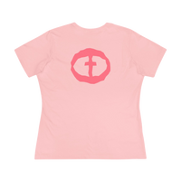 Front view of the pink Women's Pink Rock and Salvation Tee with a large dark-pink distressed circular cross logo on the chest, ghost-mannequin on white.