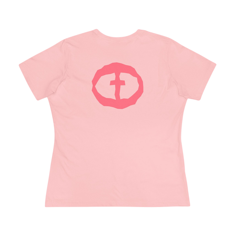 Front view of the pink Women's Pink Rock and Salvation Tee with a large dark-pink distressed circular cross logo on the chest, ghost-mannequin on white.