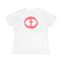 Front view of the white Women's Pink Rock and Salvation Tee with a large pink distressed circular cross logo on the chest, ghost-mannequin on white.