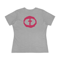 Front view of the athletic heather Women's Pink Rock and Salvation Tee with a large dark-pink distressed circular cross logo on the chest, ghost-mannequin on white.