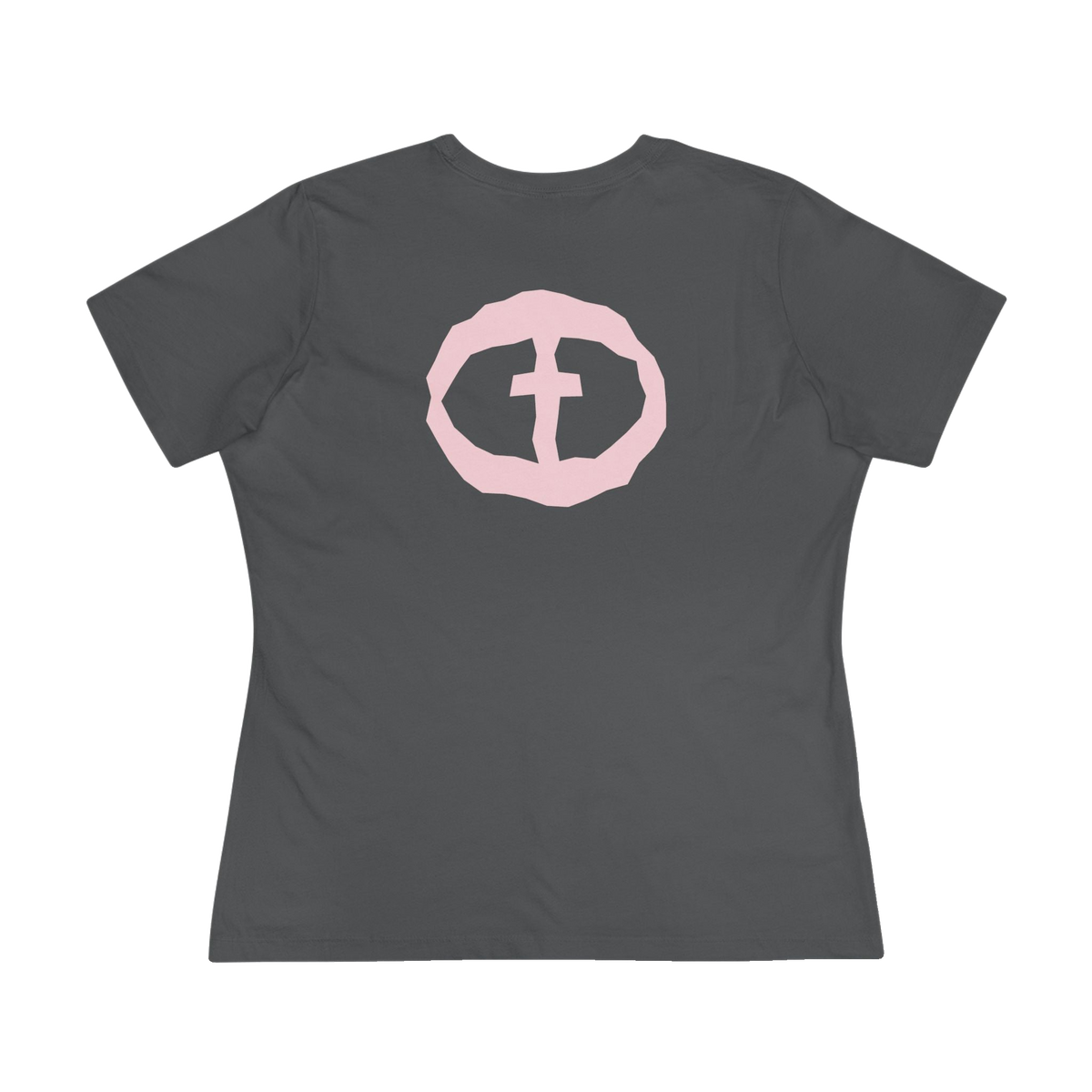Front view of the asphalt Women's Pink Rock and Salvation Tee with a large light-pink distressed circular cross logo on the chest, ghost-mannequin on white.