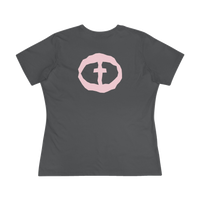 Front view of the asphalt Women's Pink Rock and Salvation Tee with a large light-pink distressed circular cross logo on the chest, ghost-mannequin on white.