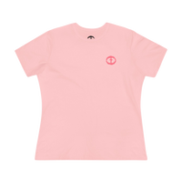 Front view of the pink Women's Pink Rock and Salvation Tee with a small dark-pink circular cross logo on the left chest, ghost-mannequin on white.