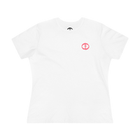 Front view of the white Women's Pink Rock and Salvation Tee with a small pink circular cross logo on the left chest, ghost-mannequin on white.
