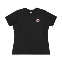 Front view of the black Women's Pink Rock and Salvation Tee with a small light-pink circular cross logo on the left chest, ghost-mannequin on white.