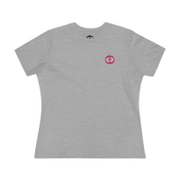 Front view of the athletic heather Women's Pink Rock and Salvation Tee with a small dark-pink circular cross logo on the left chest, ghost-mannequin on white.