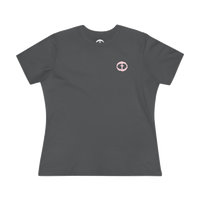 Front view of the asphalt Women's Pink Rock and Salvation Tee with a small light-pink circular cross logo on the left chest, ghost-mannequin on white.