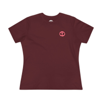 Front view of the maroon Women's Pink Rock and Salvation Tee with a small pink circular cross logo on the left chest, ghost-mannequin on white.