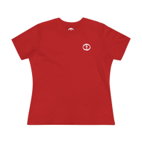 Front view of the red Women's Pink Rock and Salvation Tee with a small light-pink circular cross logo on the left chest, ghost-mannequin on white.