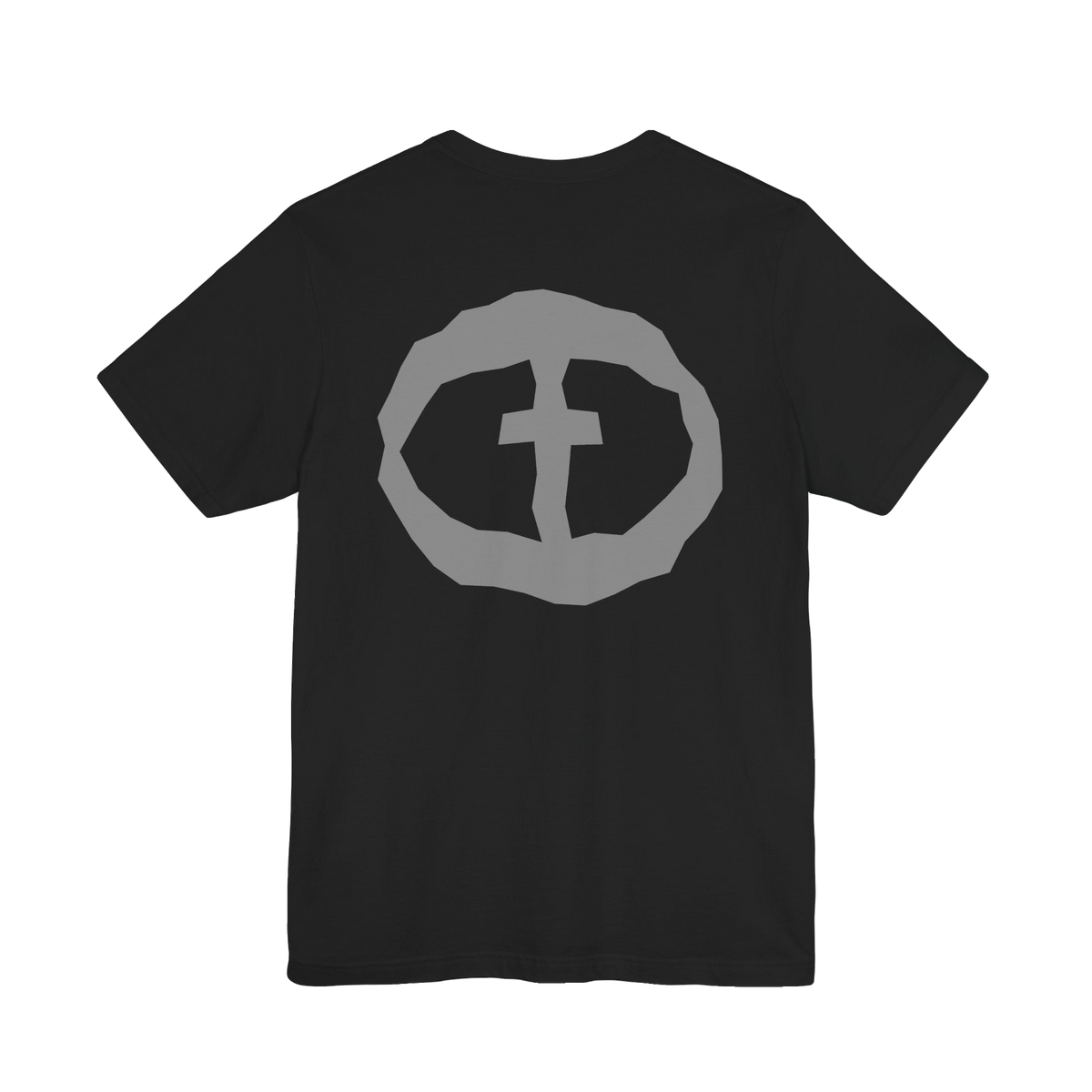 Front view of the black Men's Rock and Salvation Lightweight Tee with a large gray rock-textured circular cross logo on the chest, ghost-mannequin on white.