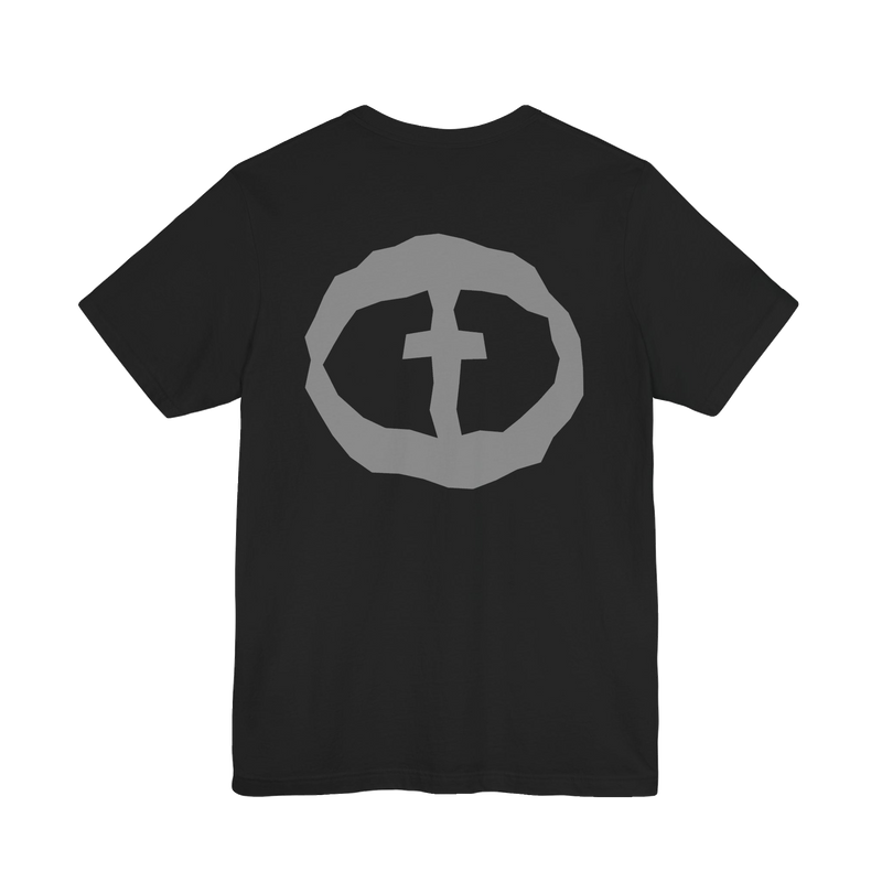 Front view of the black Men's Rock and Salvation Lightweight Tee with a large gray rock-textured circular cross logo on the chest, ghost-mannequin on white.