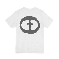 Front view of the ash Men's Rock and Salvation Lightweight Tee with a large gray rock-textured circular cross logo on the chest, ghost-mannequin on white.