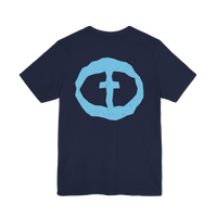 Front view of the navy Men's Rock and Salvation Lightweight Tee with a large light-blue rock-textured circular cross logo on the chest, ghost-mannequin on white.