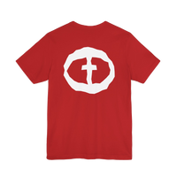 Front view of the red Men's Rock and Salvation Lightweight Tee with a large white rock-textured circular cross logo on the chest, ghost-mannequin on white.
