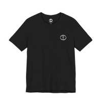 Front view of the black Men's Rock and Salvation Lightweight Tee with a small gray rock-textured circular cross logo on the left chest, ghost-mannequin on white.