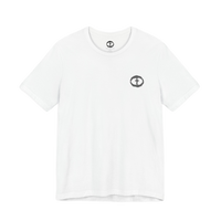 Front view of the white Men's Rock and Salvation Lightweight Tee with a small gray rock-textured circular cross logo on the left chest, ghost-mannequin on white.