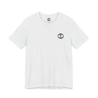 Front view of the ash Men's Rock and Salvation Lightweight Tee with a small gray rock-textured circular cross logo on the left chest, ghost-mannequin on white.