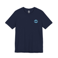 Front view of the navy Men's Rock and Salvation Lightweight Tee with a small light-blue rock-textured circular cross logo on the left chest, ghost-mannequin on white.
