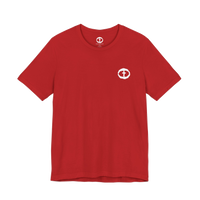 Front view of the red Men's Rock and Salvation Lightweight Tee with a small white rock-textured circular cross logo on the left chest, ghost-mannequin on white.