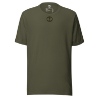 Front view of the military green Men's Upper Rock and Salvation Tee with a small black circular cross logo on the chest, ghost-mannequin on white.
