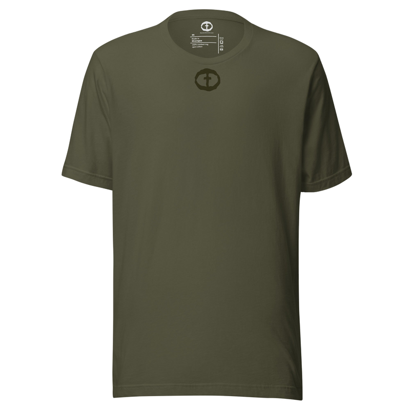Front view of the military green Men's Upper Rock and Salvation Tee with a small black circular cross logo on the chest, ghost-mannequin on white.