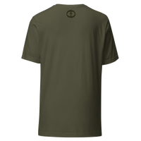 Back view of the military green Men's Upper Rock and Salvation Tee with a small black circular cross logo at the nape, ghost-mannequin on white.