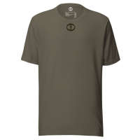 Front view of the army Men's Upper Rock and Salvation Tee with a small black circular cross logo on the chest, ghost-mannequin on white.