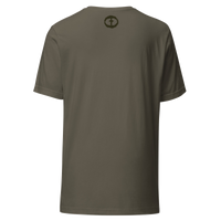 Back view of the army Men's Upper Rock and Salvation Tee with a small black circular cross logo at the nape, ghost-mannequin on white.